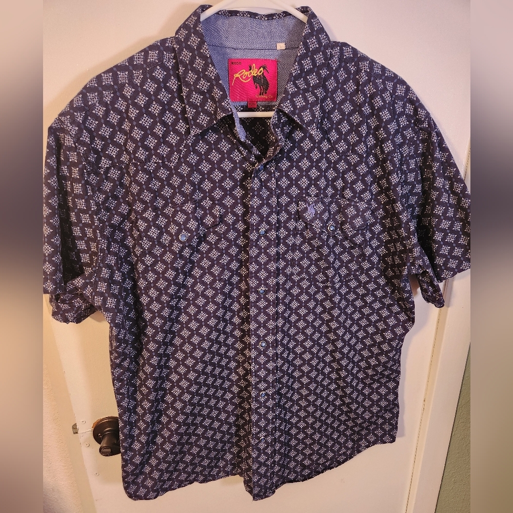 Rodeo Clothing Co Men's Navy Geometric Blue Pearl Button Down Shirt Size Xl